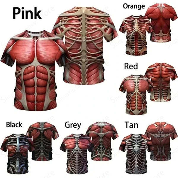3D Muscle Print T-Shirt – Funny Skeleton Graphic Tee for Men & Women